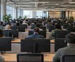 Synthetic editorial illustration. A large open-plan office. Rows of rear-facing workers wearing headsets sit behind plain monitor backs and low desk partitions, with tall windows, plants and exposed ceiling services surrounding the space.