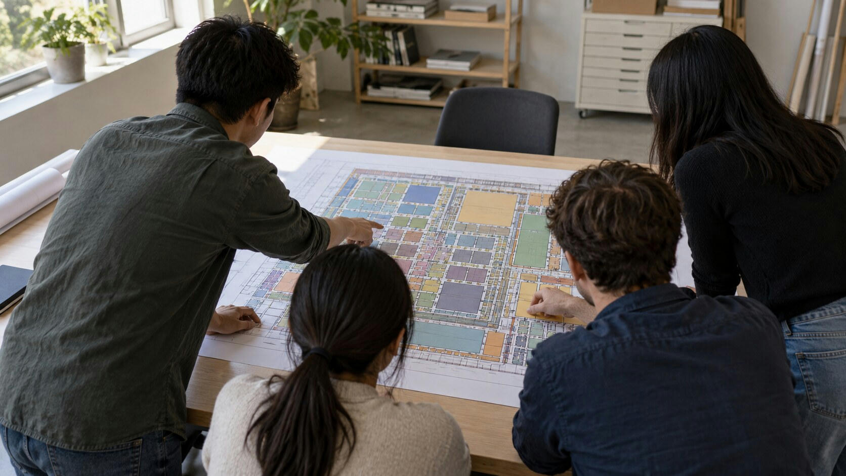 Synthetic editorial illustration. Four people viewed from above and behind gather around a large paper layout of muted coloured blocks and fine geometric connections. Hands point at the sheet on a wooden table in a daylit office.