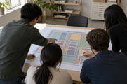 Synthetic editorial illustration. Four people viewed from above and behind gather around a large paper layout of muted coloured blocks and fine geometric connections. Hands point at the sheet on a wooden table in a daylit office.