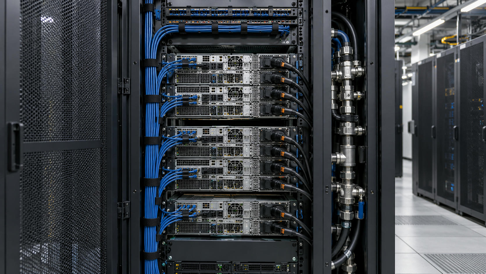 Synthetic editorial illustration. The open mesh door of a cabinet frames installed rack servers, organised network leads and connected power cables. A vertical metal pipe assembly sits beside the rack, with more cabinets receding along the aisle.