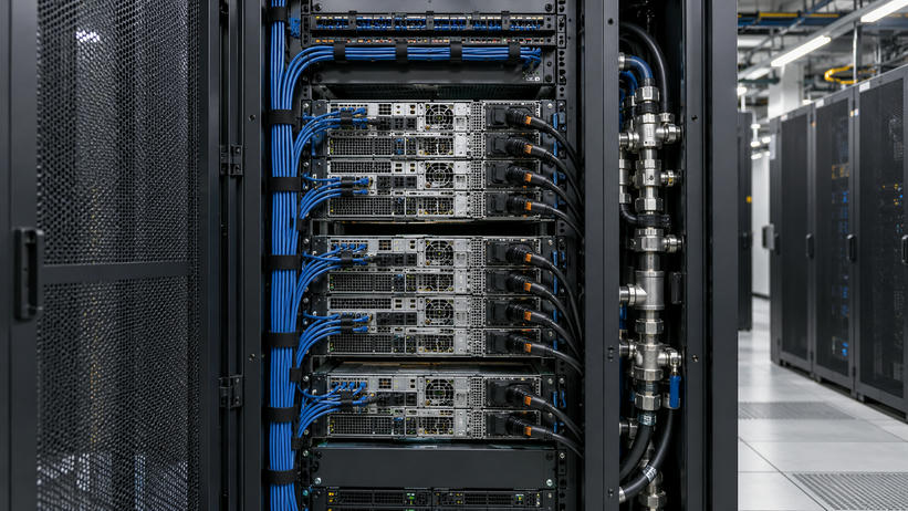 Synthetic editorial illustration. The open mesh door of a cabinet frames installed rack servers, organised network leads and connected power cables. A vertical metal pipe assembly sits beside the rack, with more cabinets receding along the aisle.