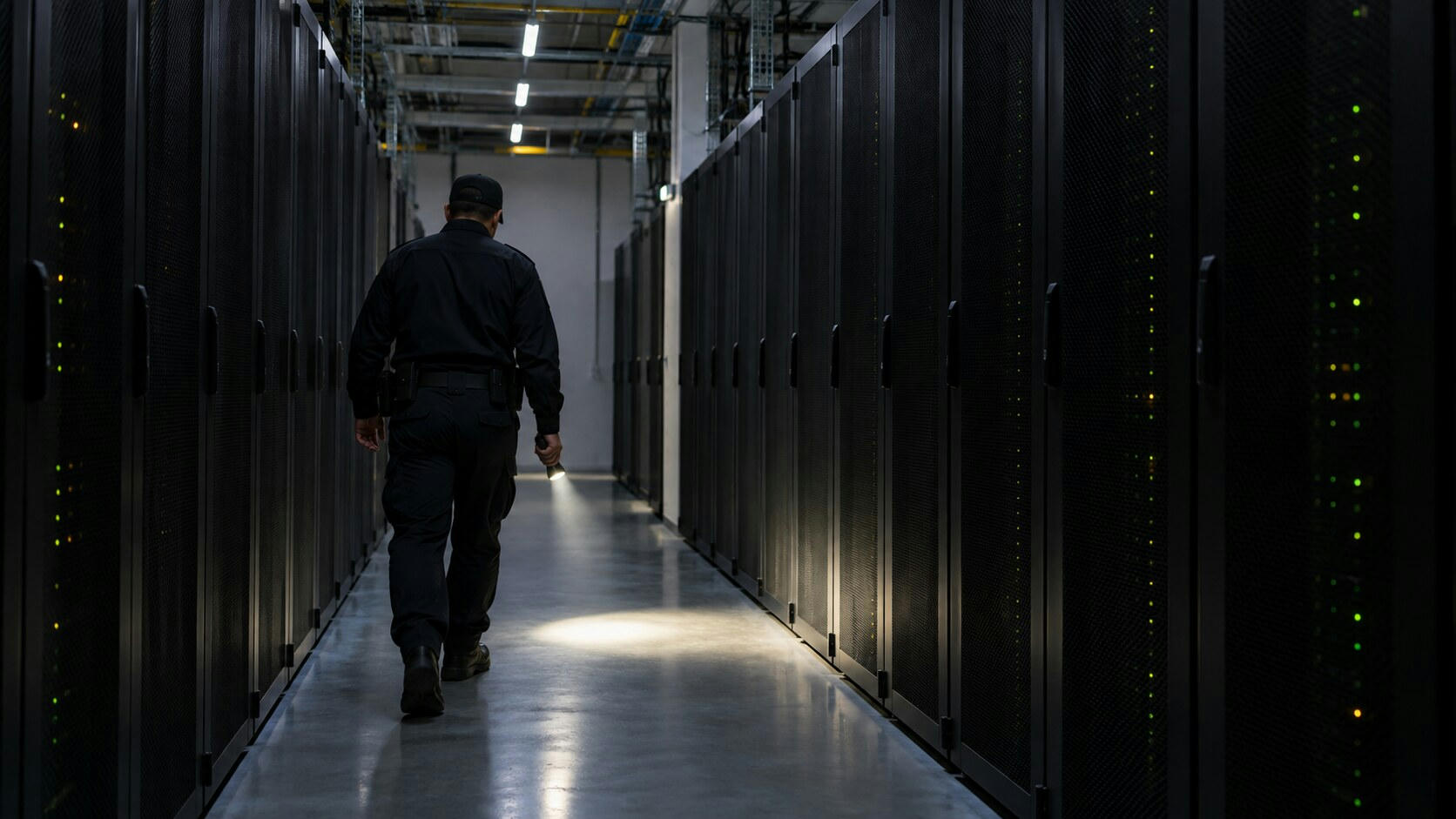 Synthetic editorial illustration. A guard in an unmarked dark uniform walks away along an aisle of black server cabinets. A handheld flashlight casts a small pool of light on the floor beneath sparse ceiling lights and status LEDs.