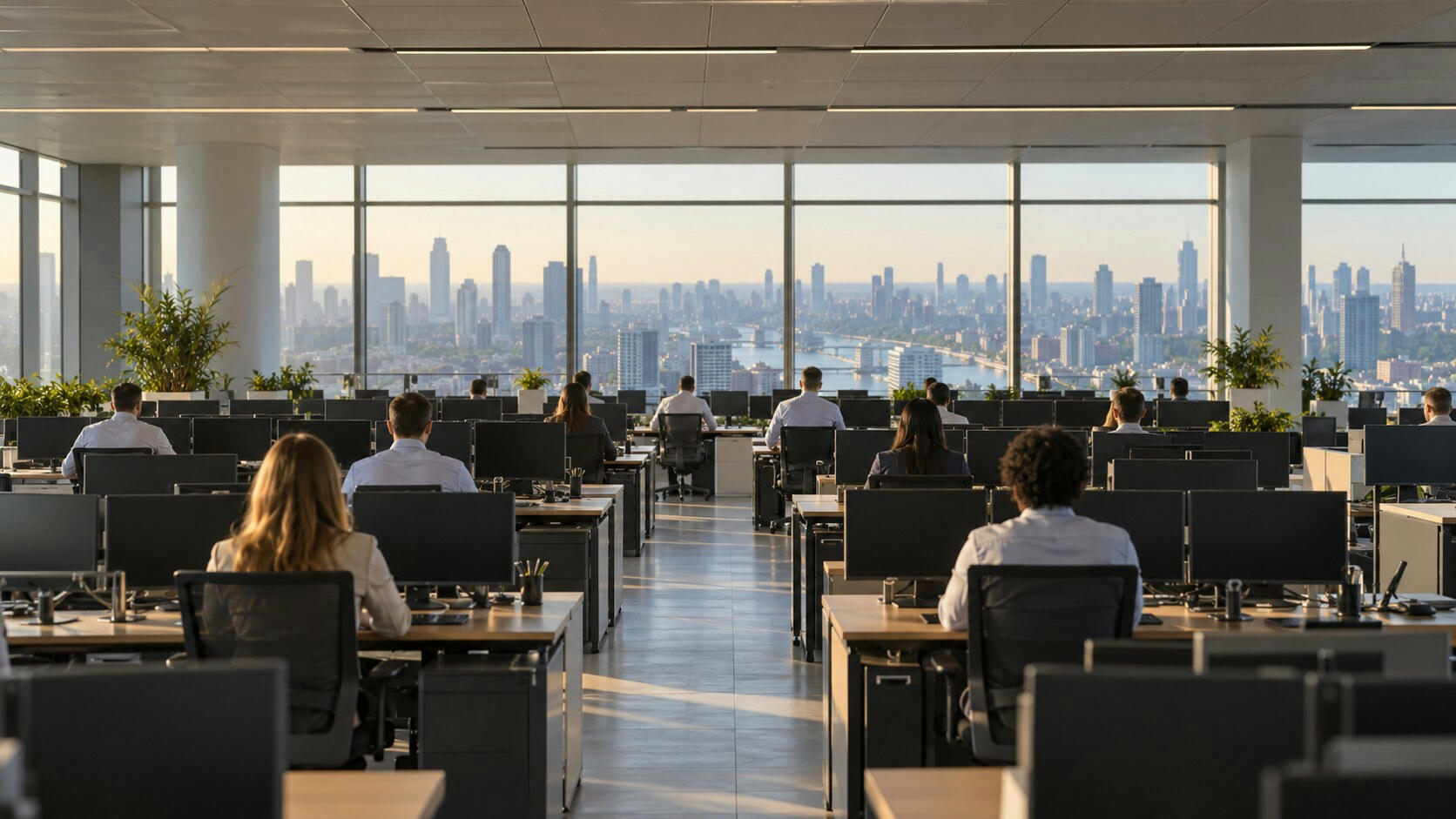 Synthetic editorial illustration. An open-plan office overlooks a broad city skyline through tall windows. Rear-facing analysts sit at rows of desks with dark monitors, plants and chairs arranged along a central aisle.