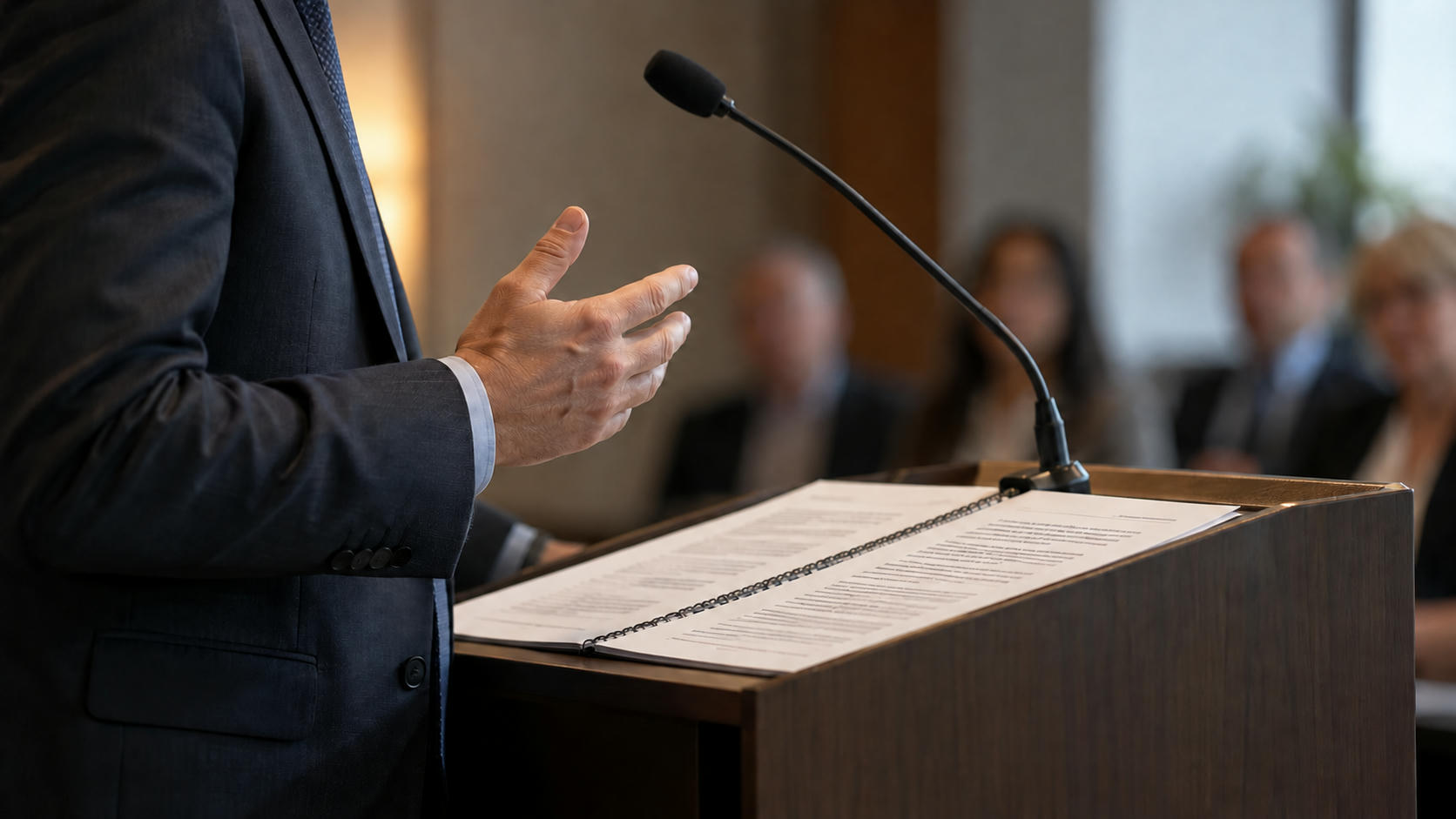 Synthetic editorial illustration. A cropped adult gestures beside an open populated report and mounted microphone at a modest lectern.
