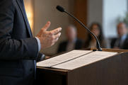 Synthetic editorial illustration. A cropped adult gestures beside an open populated report and mounted microphone at a modest lectern.