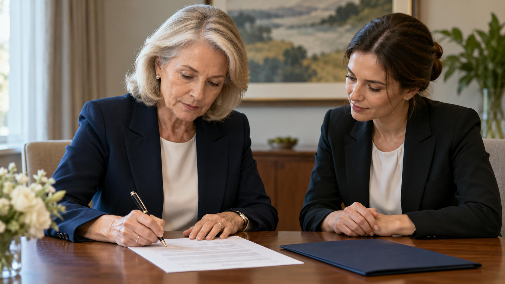 Synthetic editorial illustration. An older woman signs a single sheet of paper while another woman seated beside her follows the document. A plain closed folder lies flat on the meeting table.