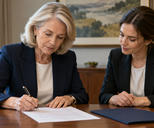 Synthetic editorial illustration. An older woman signs a single sheet of paper while another woman seated beside her follows the document. A plain closed folder lies flat on the meeting table.