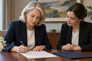 Synthetic editorial illustration. An older woman signs a single sheet of paper while another woman seated beside her follows the document. A plain closed folder lies flat on the meeting table.