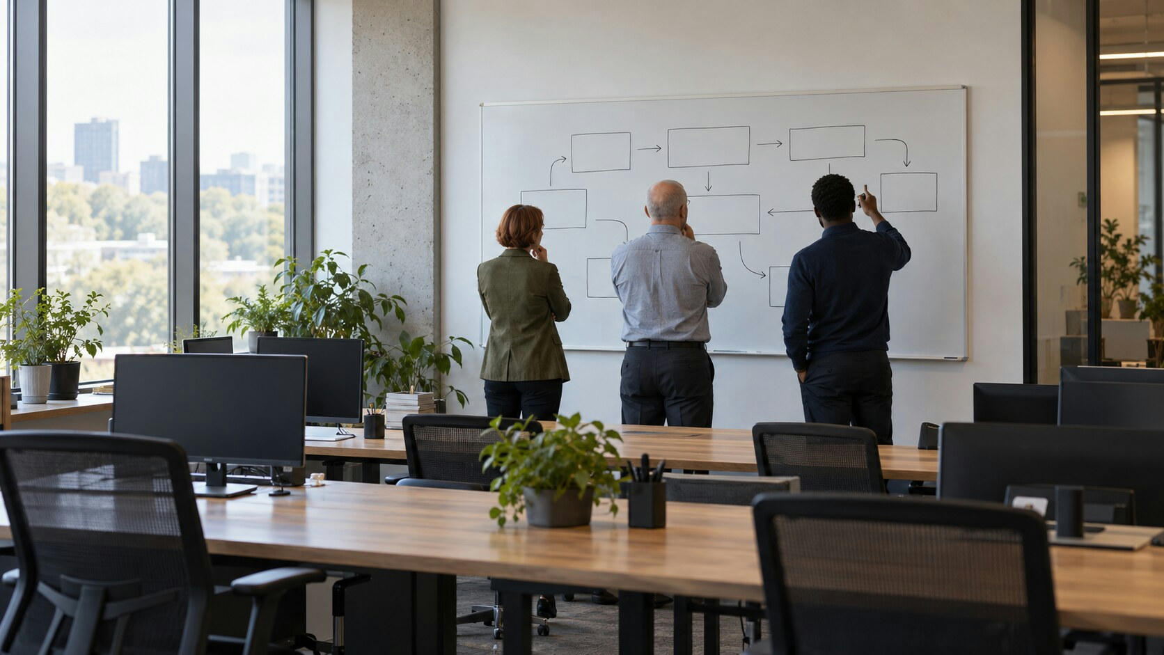 Synthetic editorial illustration. A research office. Three rear-facing colleagues study a whiteboard of empty boxes and arrows, beyond desks with dark monitors, mesh chairs and potted plants in soft daylight.
