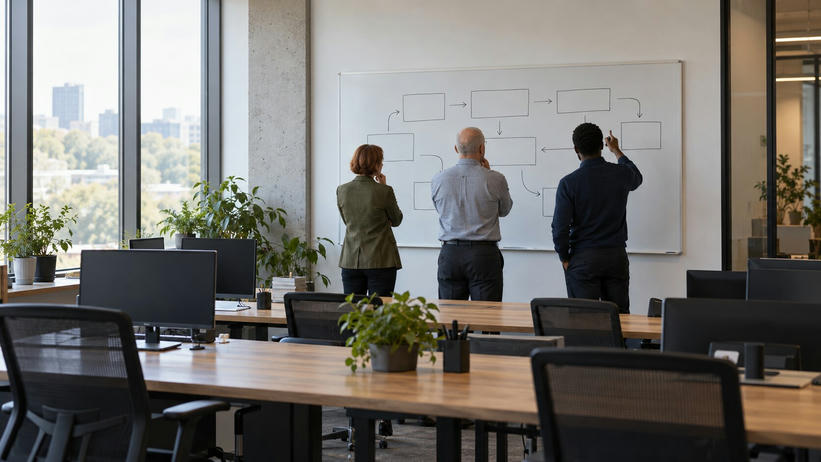 Synthetic editorial illustration. A research office. Three rear-facing colleagues study a whiteboard of empty boxes and arrows, beyond desks with dark monitors, mesh chairs and potted plants in soft daylight.