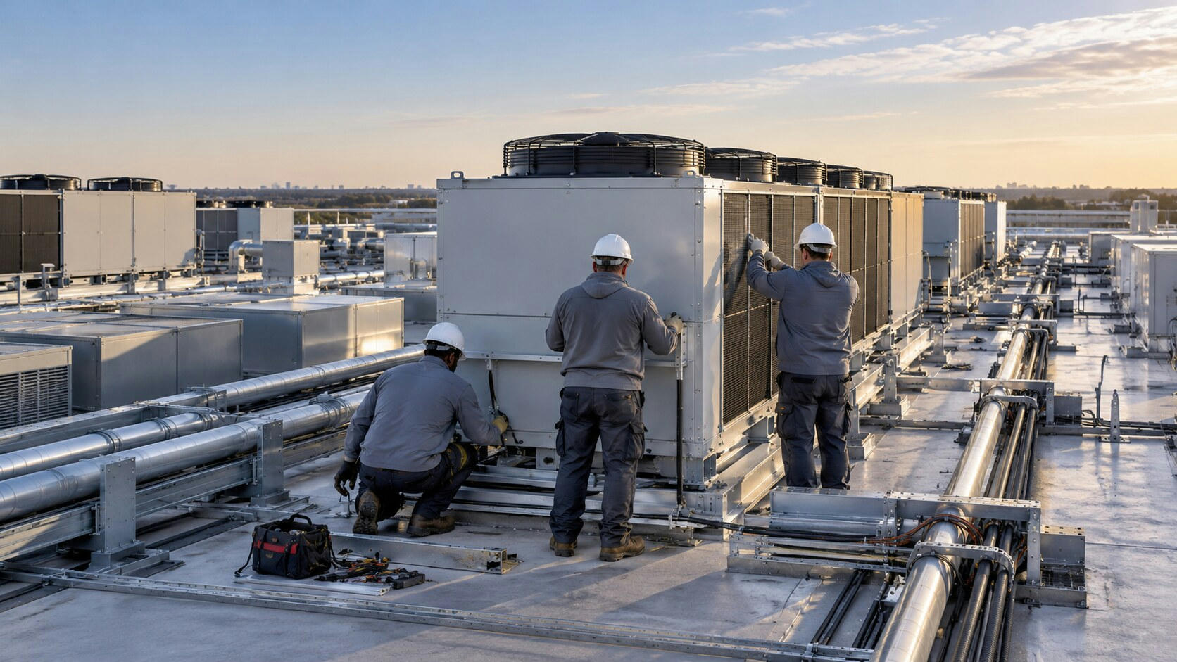 Synthetic editorial illustration. A data-centre rooftop. Three workers in hard hats face a large silver cooling unit, one crouching beside it. Pipes cross the roof and tools lie nearby in warm low sunlight.