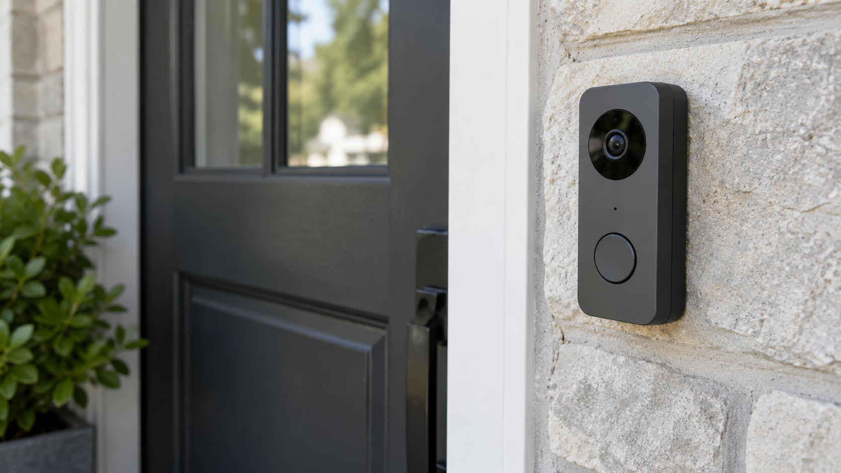 Synthetic editorial illustration. Generic residential video doorbell with a visible camera lens and unmarked call button beside an ordinary front doorway; physical domestic surveillance-camera hardware, not an environmental sensor or gateway. No actual named company, product, site, person or incident is depicted.