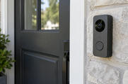 Synthetic editorial illustration. Generic residential video doorbell with a visible camera lens and unmarked call button beside an ordinary front doorway; physical domestic surveillance-camera hardware, not an environmental sensor or gateway. No actual named company, product, site, person or incident is depicted.