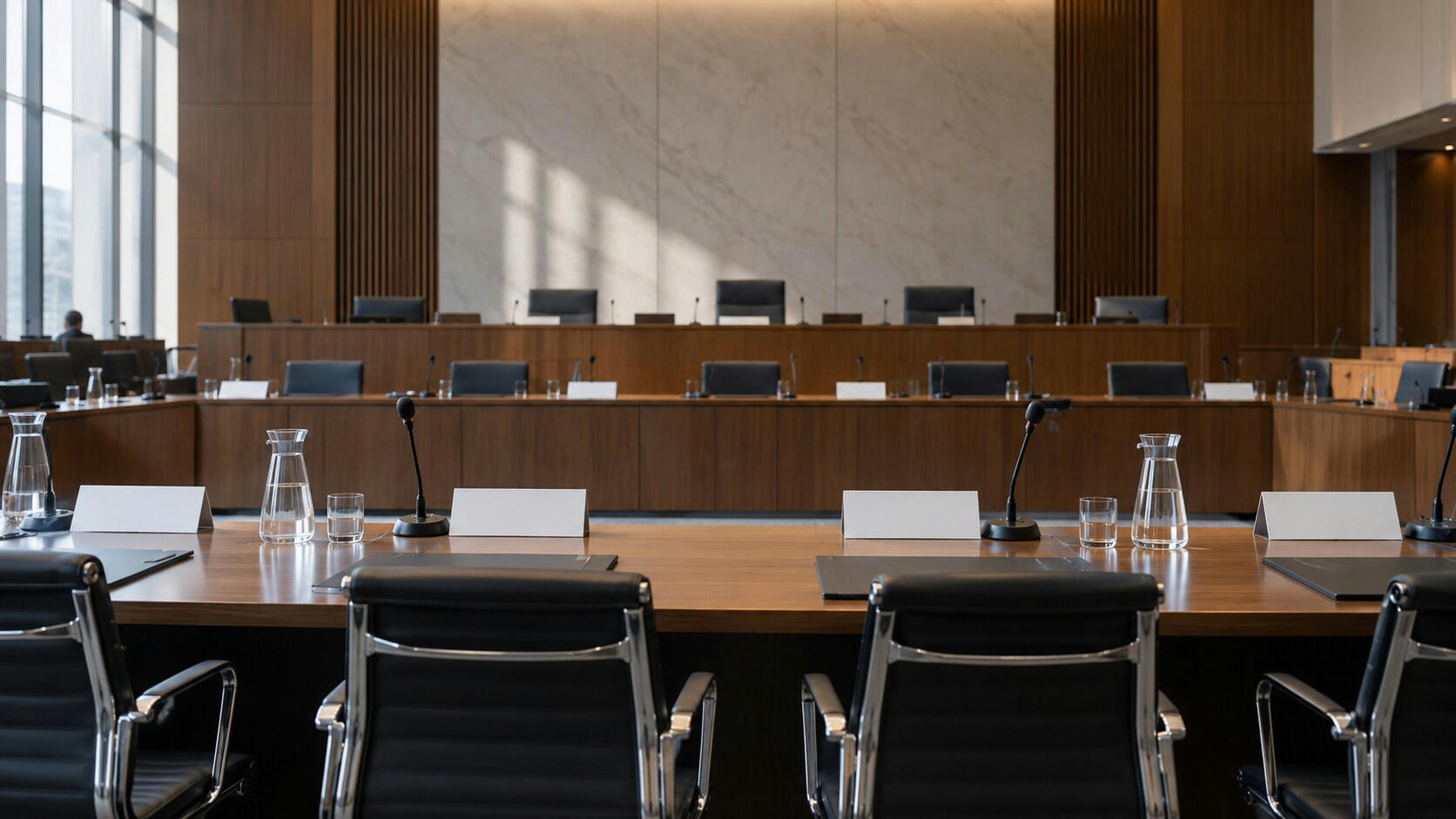 Synthetic editorial illustration. A hearing room contains long wooden tables with microphones, blank placards and water carafes. Most black chairs are empty, with a small rear-facing figure seated at the far left in daylight.