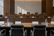 Synthetic editorial illustration. A hearing room contains long wooden tables with microphones, blank placards and water carafes. Most black chairs are empty, with a small rear-facing figure seated at the far left in daylight.