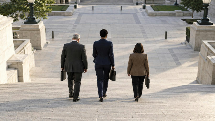 Synthetic editorial illustration. A civic building stairway. Three formally dressed people seen from behind carry document cases down broad stone steps toward a quiet paved plaza.