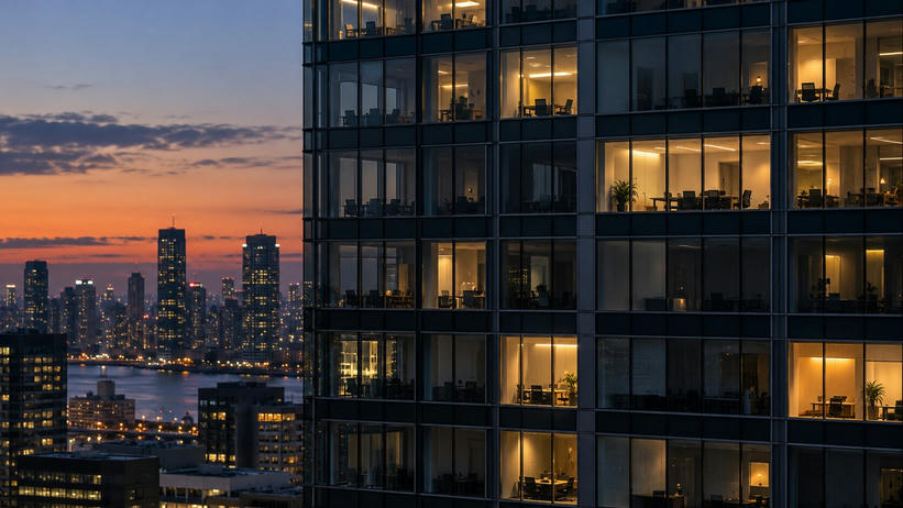 Synthetic editorial illustration. Most windows in a glass office tower are dark, while scattered rooms remain warmly lit. An orange dusk sky and distant city lights fill the background.