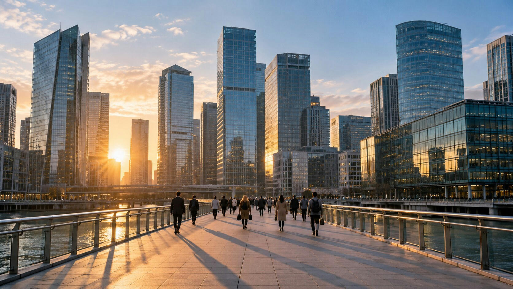 Synthetic editorial illustration. Rear-facing commuters cross a broad pedestrian bridge toward glass towers. Low golden sunlight casts long shadows across the walkway.