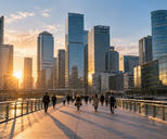 Synthetic editorial illustration. Rear-facing commuters cross a broad pedestrian bridge toward glass towers. Low golden sunlight casts long shadows across the walkway.