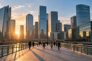 Synthetic editorial illustration. Rear-facing commuters cross a broad pedestrian bridge toward glass towers. Low golden sunlight casts long shadows across the walkway.