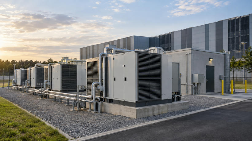Synthetic editorial illustration. Visually generic modular industrial power units and practical utility connections beside an anonymous data facility; no named fuel-cell or generator design.