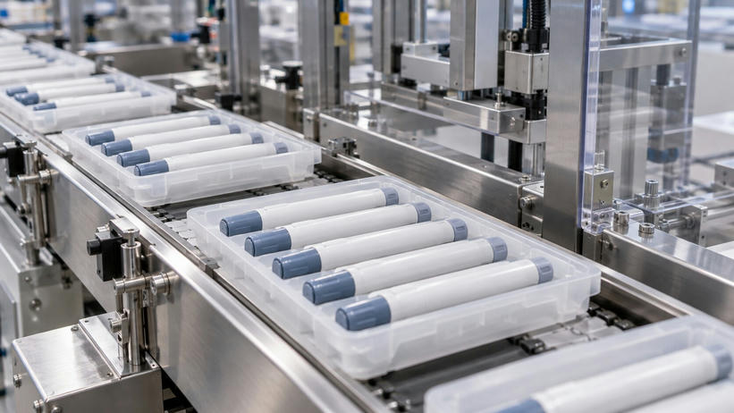 Synthetic editorial illustration. Plain white pen-shaped devices with muted blue-grey caps rest in rows of translucent trays on a stainless conveyor. Metal packaging fixtures and clear protective guards surround the clean production line.