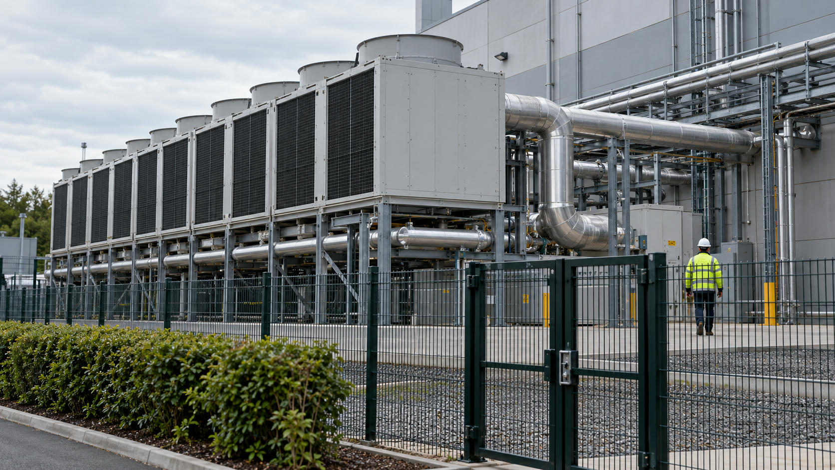 Synthetic editorial illustration. Installed cooling equipment and routed pipework sit beside a secured data-facility perimeter with a small service worker.