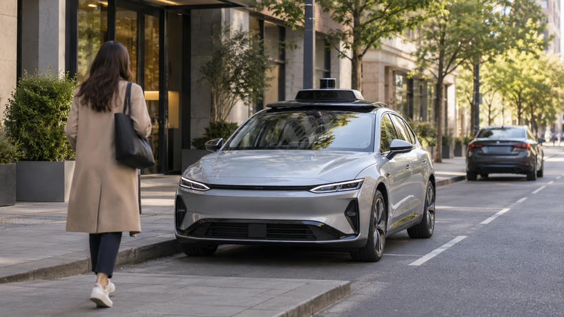 Synthetic editorial illustration. Generic unbranded electric passenger car with modest rooftop sensing equipment at an anonymous urban pickup bay; no real named vehicle, company or incident.