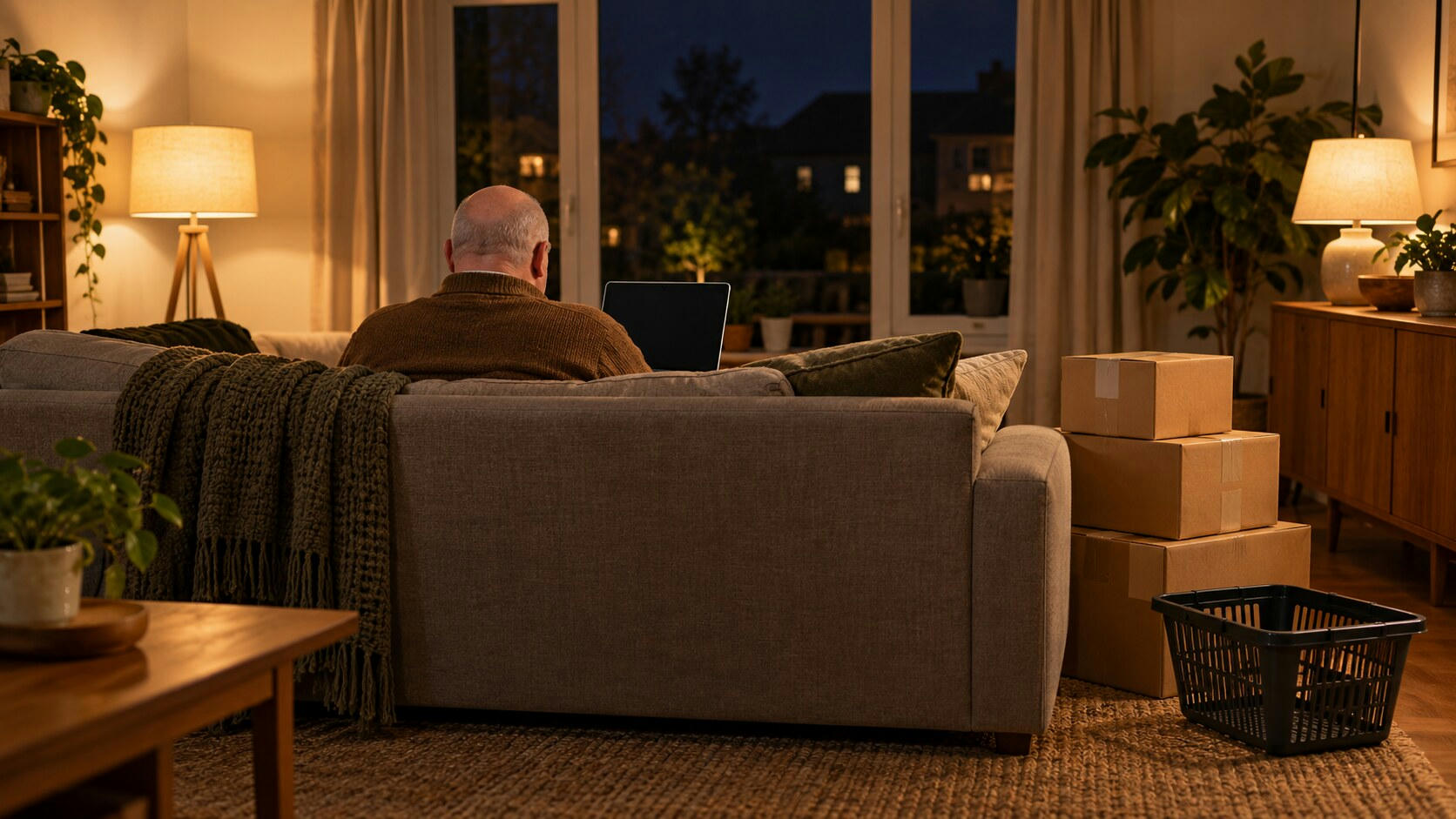 Synthetic editorial illustration. A living room at night. An older person seen from behind sits on a sofa with a dark laptop, beside stacked cardboard delivery boxes and an empty black shopping basket under warm lamps.