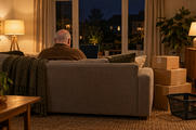 Synthetic editorial illustration. A living room at night. An older person seen from behind sits on a sofa with a dark laptop, beside stacked cardboard delivery boxes and an empty black shopping basket under warm lamps.