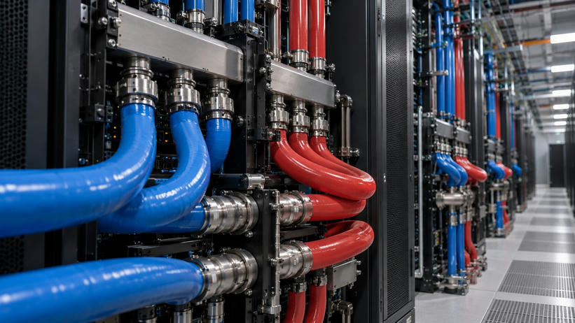 Synthetic editorial illustration. A data-centre hall contains red and blue liquid-cooling hoses connected to metal rack manifolds. Black server cabinets recede along a brightly lit aisle.