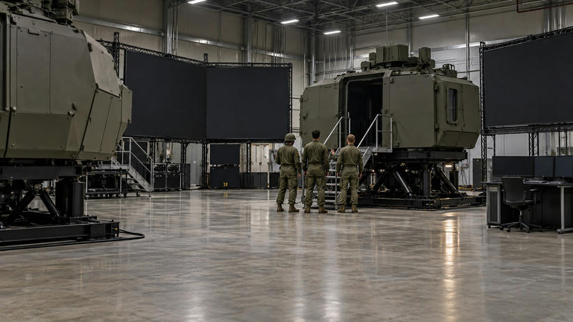Synthetic editorial illustration. A military simulator hall. Three soldiers seen from behind stand beside elevated armoured cabin mock-ups, with large dark projection screens and an open concrete floor.