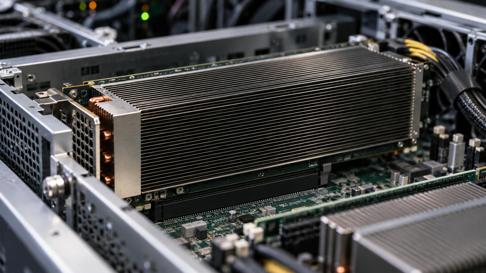 Synthetic editorial illustration. A finned accelerator assembly is seated within an open server chassis with connected circuitry and small equipment indicators.