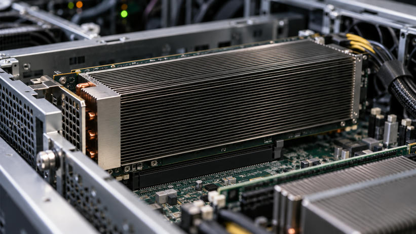 Synthetic editorial illustration. A finned accelerator assembly is seated within an open server chassis with connected circuitry and small equipment indicators.