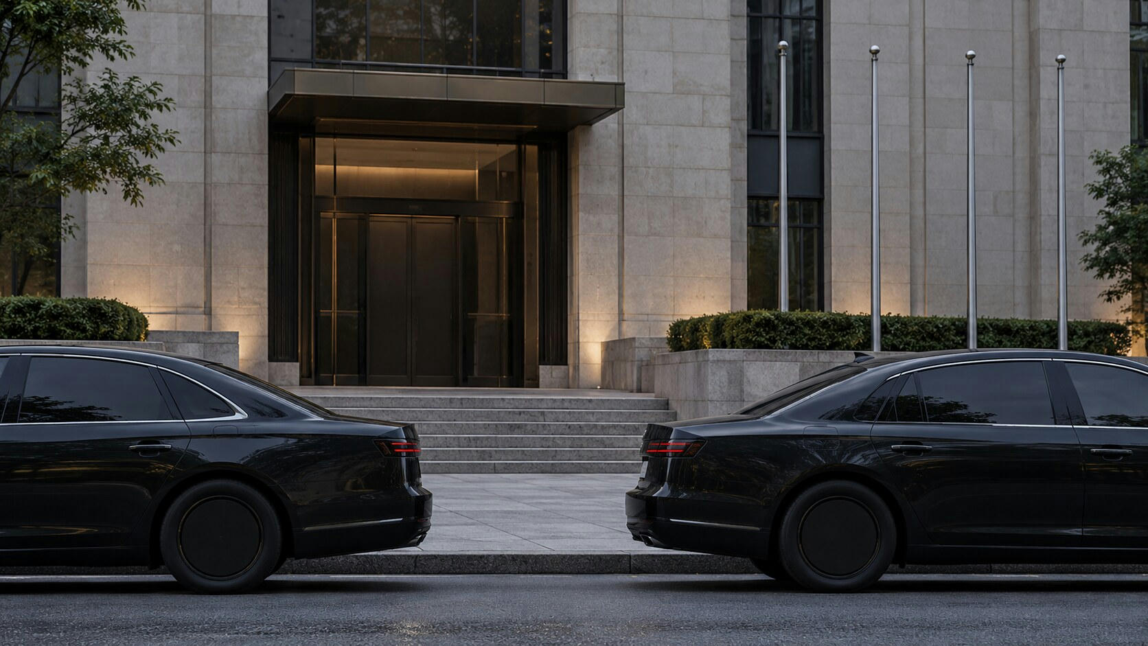 Synthetic editorial illustration. An institutional building entrance. Two dark sedans with opaque windows frame broad steps leading to a plain stone doorway, beside a row of empty flagpoles and clipped hedges.