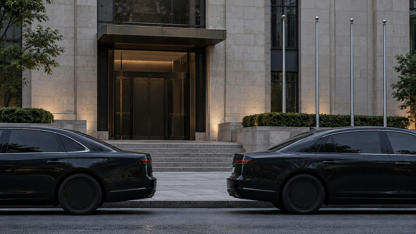 Synthetic editorial illustration. An institutional building entrance. Two dark sedans with opaque windows frame broad steps leading to a plain stone doorway, beside a row of empty flagpoles and clipped hedges.