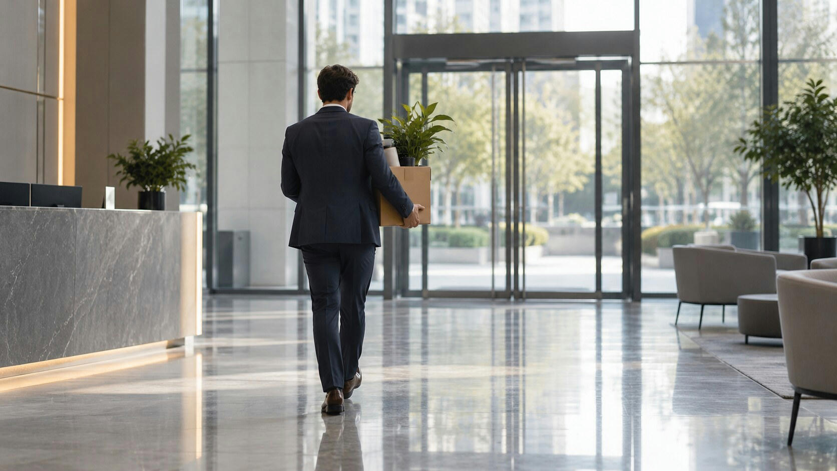Synthetic editorial illustration. A suited person seen from behind carries a plain cardboard box containing a potted plant through a bright glass office lobby. The polished floor reflects daylight beside empty chairs and a reception counter.