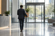 Synthetic editorial illustration. A suited person seen from behind carries a plain cardboard box containing a potted plant through a bright glass office lobby. The polished floor reflects daylight beside empty chairs and a reception counter.