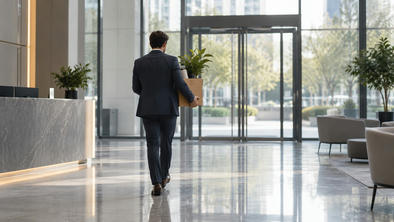 Synthetic editorial illustration. A suited person seen from behind carries a plain cardboard box containing a potted plant through a bright glass office lobby. The polished floor reflects daylight beside empty chairs and a reception counter.
