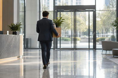 Synthetic editorial illustration. A suited person seen from behind carries a plain cardboard box containing a potted plant through a bright glass office lobby. The polished floor reflects daylight beside empty chairs and a reception counter.