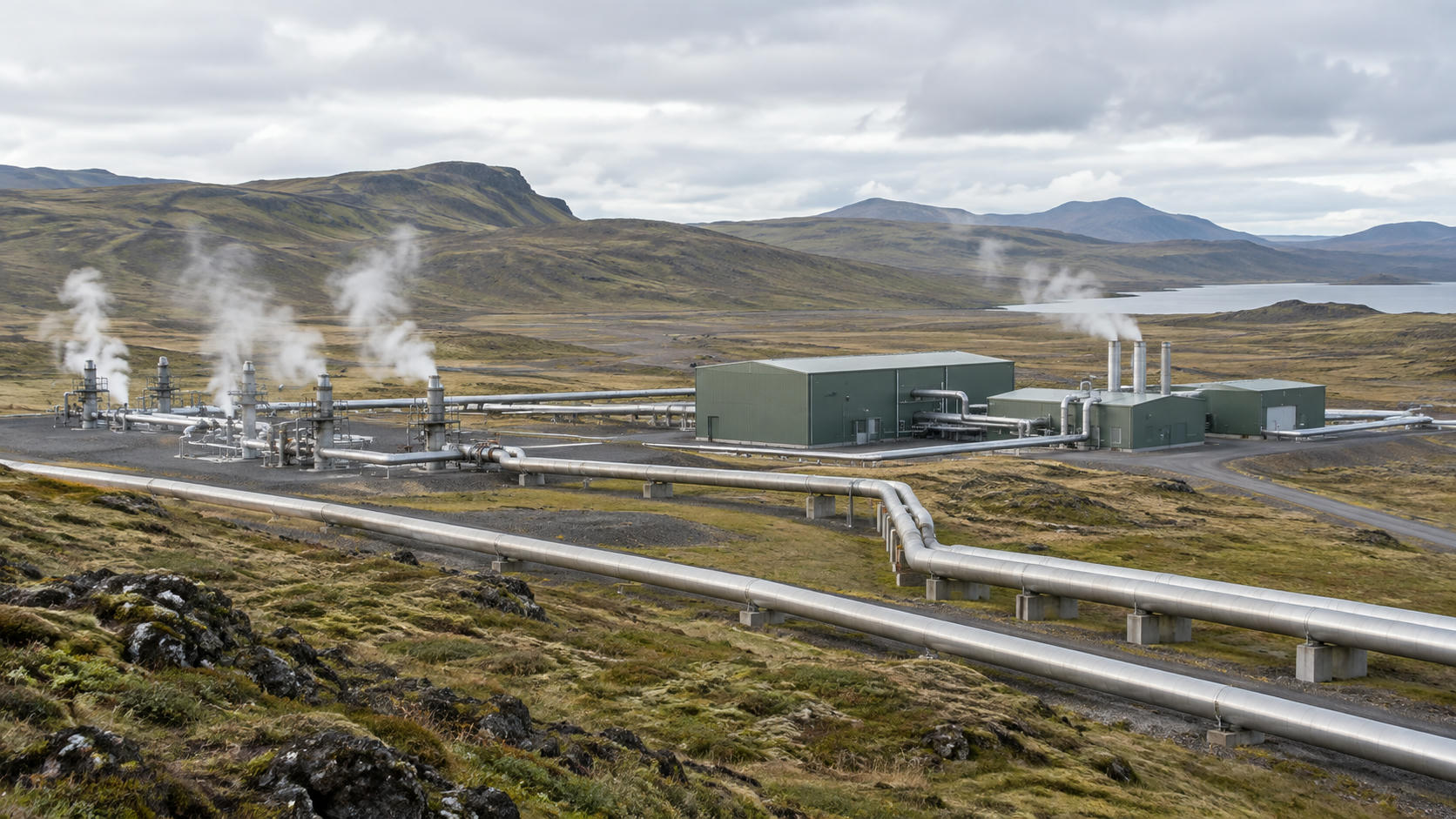 Synthetic editorial illustration. Generic geothermal generating buildings, insulated steam pipes and modest ordinary water vapour in an anonymous upland landscape.