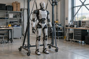 Synthetic editorial illustration. Generic humanoid robot in a practical engineering workshop safety fixture, original anonymous design; not a real named robot or company.