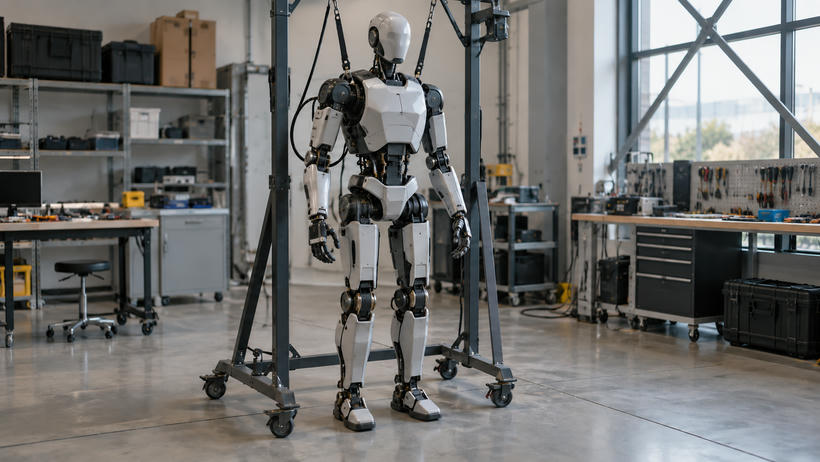 Synthetic editorial illustration. Generic humanoid robot in a practical engineering workshop safety fixture, original anonymous design; not a real named robot or company.
