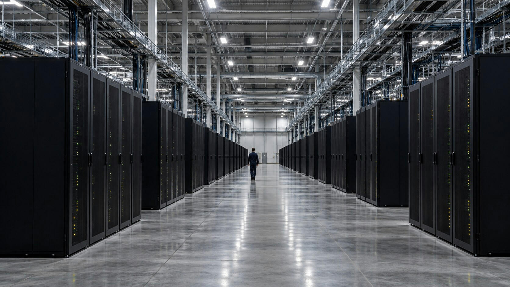 Synthetic editorial illustration. A data-centre hall contains long rows of black equipment racks. Tiny green and amber lights flank a broad polished aisle where a small rear-facing worker walks beneath cable trays.