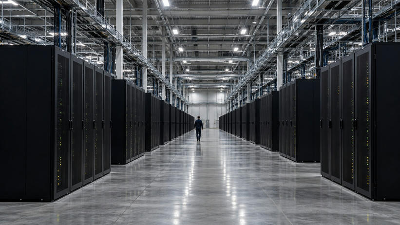 Synthetic editorial illustration. A data-centre hall contains long rows of black equipment racks. Tiny green and amber lights flank a broad polished aisle where a small rear-facing worker walks beneath cable trays.