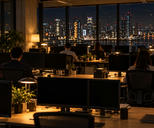 Synthetic editorial illustration. An operations office. Rear-facing staff sit among rows of dark monitors and warm desk lamps, with mugs and plants on the desks and a broad night-time city view through the windows.
