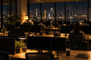 Synthetic editorial illustration. An operations office. Rear-facing staff sit among rows of dark monitors and warm desk lamps, with mugs and plants on the desks and a broad night-time city view through the windows.