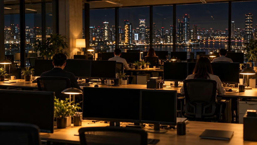 Synthetic editorial illustration. An operations office. Rear-facing staff sit among rows of dark monitors and warm desk lamps, with mugs and plants on the desks and a broad night-time city view through the windows.