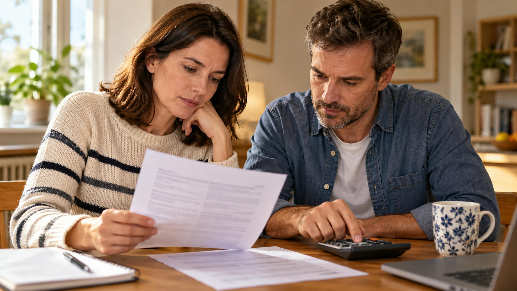 Synthetic editorial illustration. Two adults review a populated loose paper while one uses a calculator at a home table.