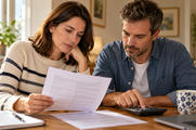 Synthetic editorial illustration. Two adults review a populated loose paper while one uses a calculator at a home table.